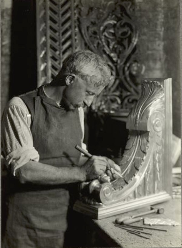 An Italian craftsman working in bronze, New York City, 1930